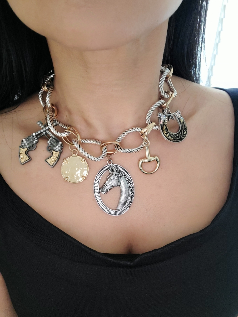 Equestrian Horse Charm Two-Tone Statement Necklace / Western.